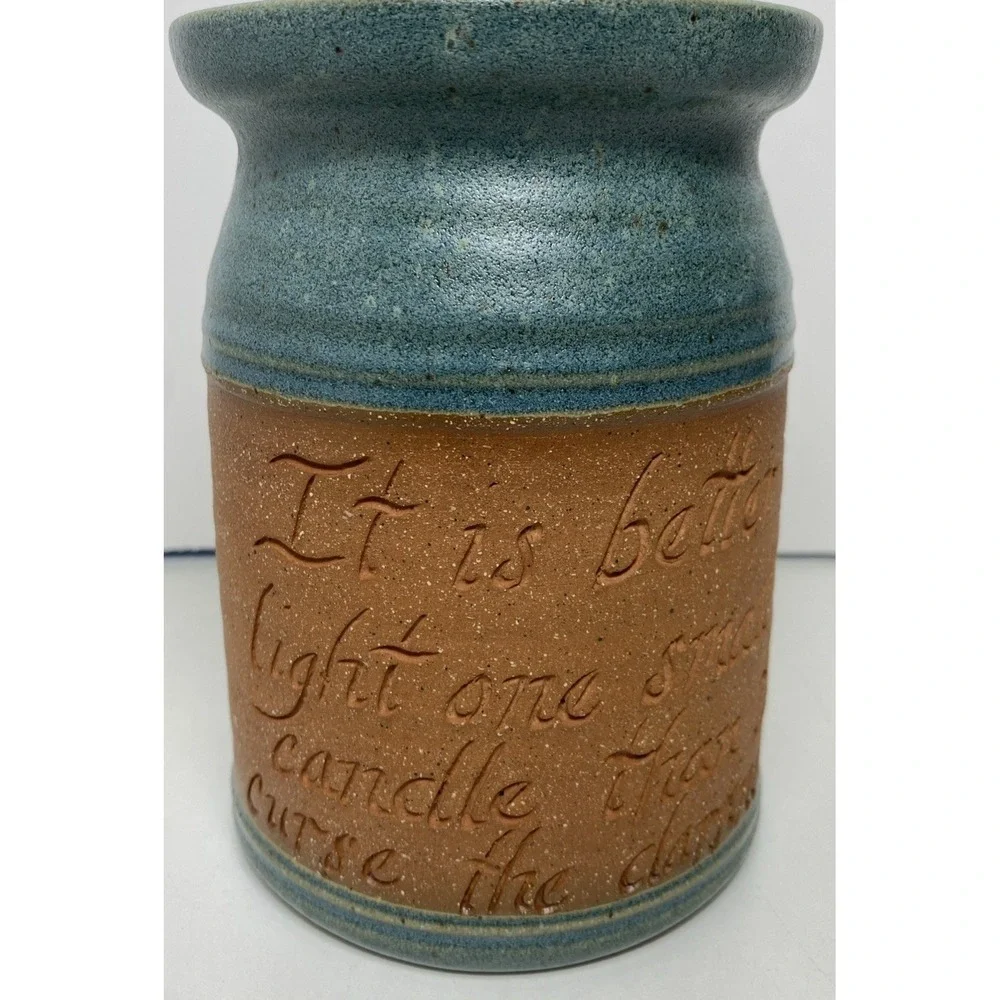 Handmade Stoneware Quote Jar Candle Storm Design Made in USA 6.5x4 Stamped